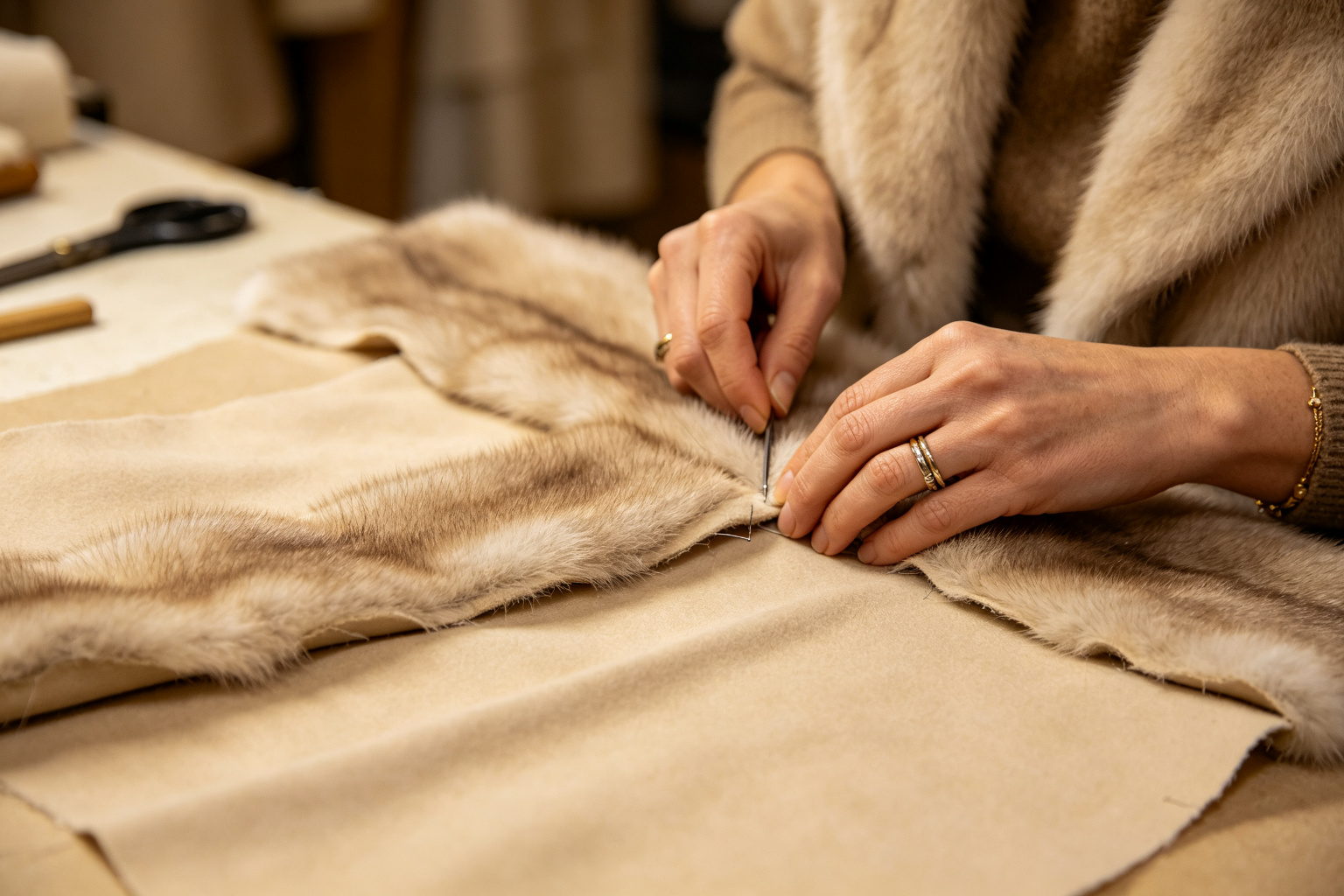 Hand stitching a fur garment panel
